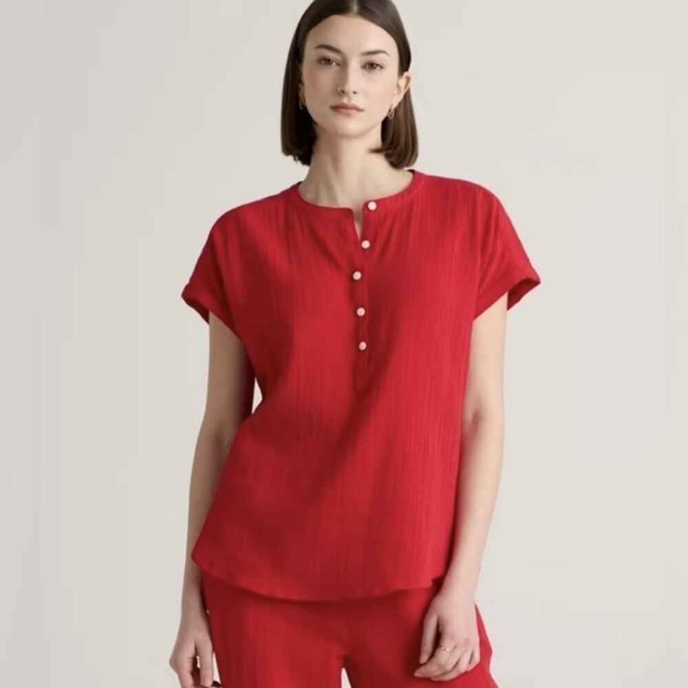Quince Organic Cotton Gauze Roll Sleeve Shirt Cherry Red Size XL